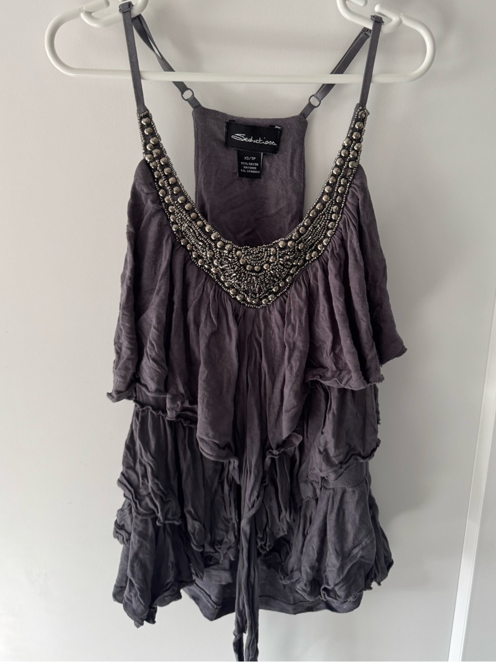 Seductions Beaded Ruffle Tank Top XS Grey Y2K Boho